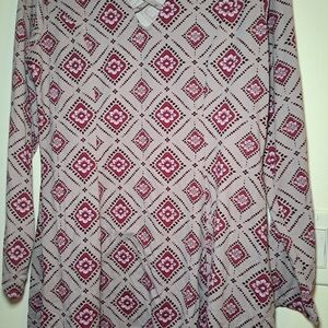 Gray and Red Graphic Wrap Long Sleeve Blouse